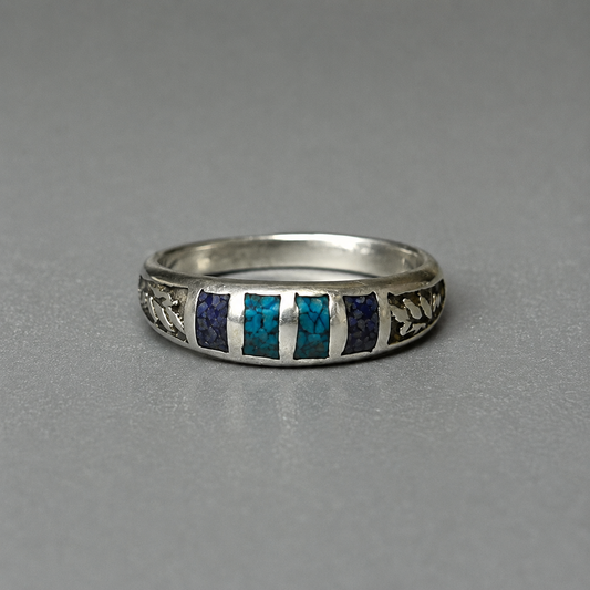Ring aus 925 Silber mit Türkis- und Lapislazuli-Intarsien