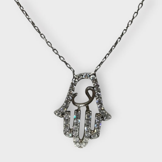 Necklace / Hand of Fatima / Zirconia / 925 Sterling Silver