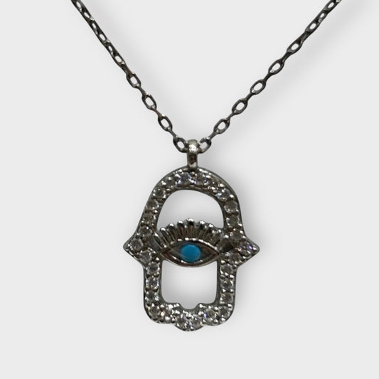 Necklace / Hand of Fatima / Zirconia / 925 Sterling Silver