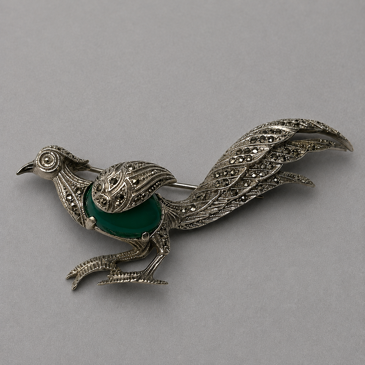 Brosche Vogel mit Chrysopras aus 800 Silber