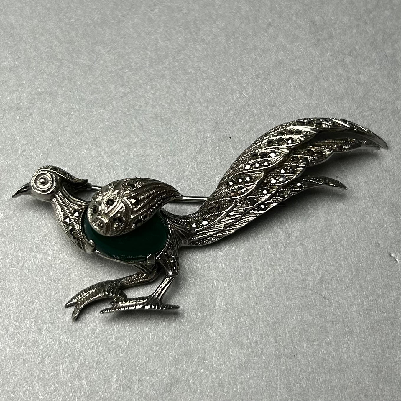 Brosche Vogel mit Chrysopras aus 800 Silber