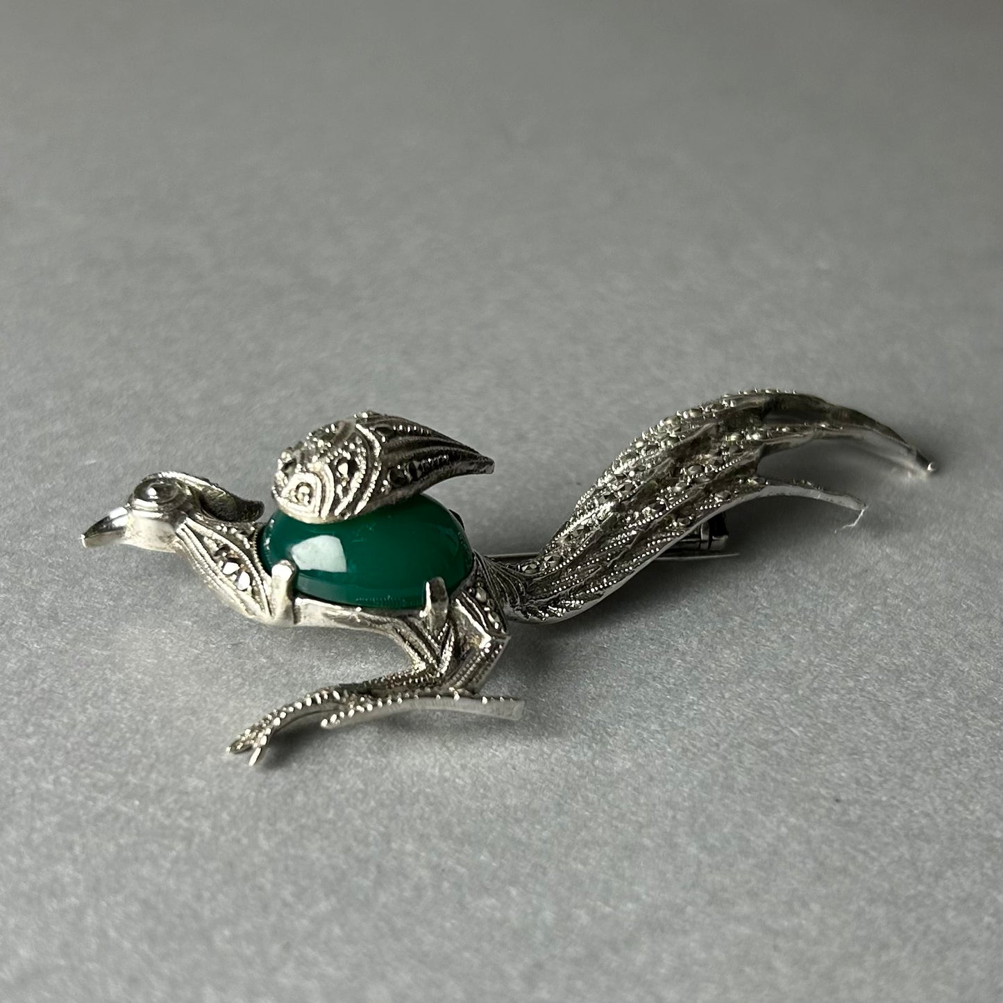 Brosche Vogel mit Chrysopras aus 800 Silber