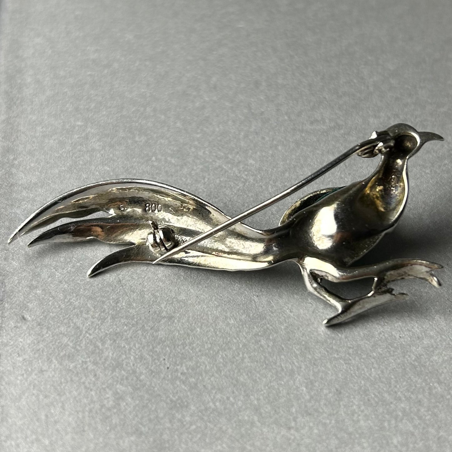 Brosche Vogel mit Chrysopras aus 800 Silber